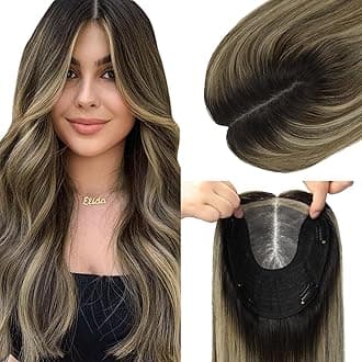 HAIR Toppers for Women Real Human Hair 150 Density 16 inch 75 grams 6x7 inch Natural Black to Chocolate Brown and Caramel Blonde lace Silk Base Clip in Hair Pieces for Women（#1B427 16inch）