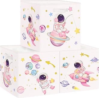 Clastyle3 pcs Cosmic Space Kids Cube Storage Unit Boxes Planets Stars Storage Baskets for Shelves Boys Nursery Hamper Basket Book Clothes Toy Box Organizer,Astronaut,11.8x11.8x11.8 in