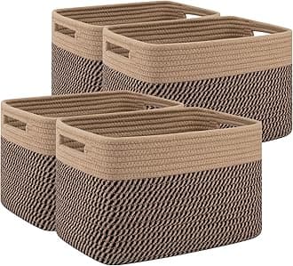 4 Pack Storage Baskets for Organizing, Woven Baskets for Shelves - Perfect for Toys, Books, Towels, and Clothes, Durable Gift Basket Bins Toy Storage, 12.7''L x9''W x7.8''H, Black and Brown