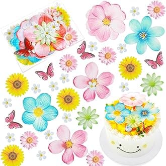 55pcs Edible Flower Butterflies Cake Topper Set, Edible Flowers Cupcake Topper Decorations Wafer Paper Cake Decorations Edible Flowers for Cakes for Wedding, Birthday, Baby Shower, Themed Parties