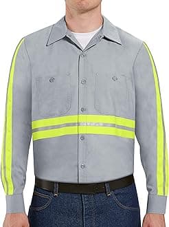 Red KapRed Kap Men's Enhanced Visibility Industrial Work Shirt, Grey with Yellow/Green Visibility Trim, Medium