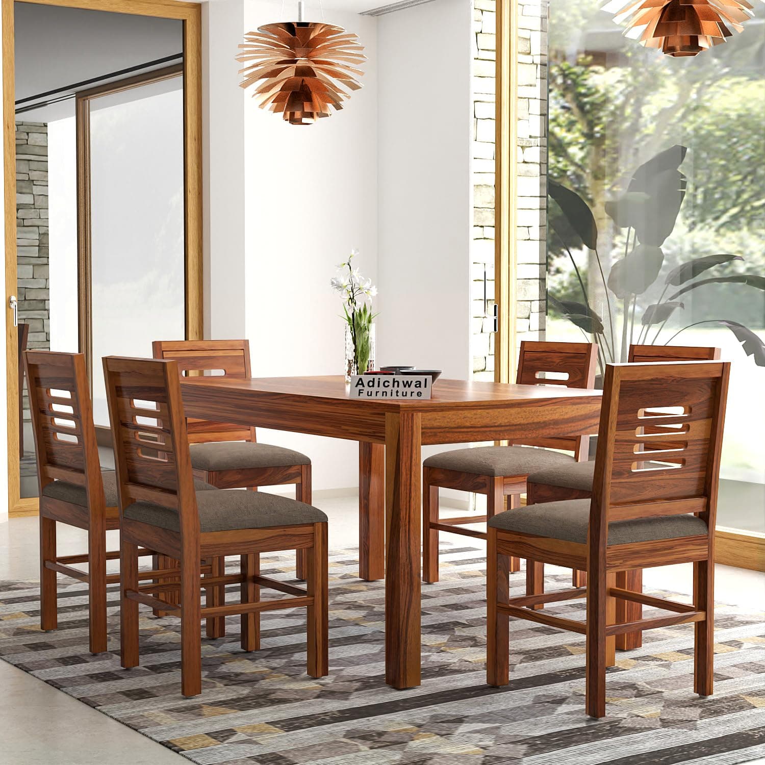 Solid Sheesham Wood 6 Seater Dining Table Set with Cushioned Chairs for Dining Room | Living Room | Home & Office | Hotels Restaurant & Cafe (6 Seater, Honey)