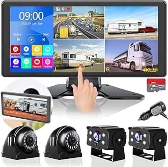 4K RV Backup Camera System 10.36" Quad Split Touch Screen Monitor with 4 1080P Rear Side View Camera, DVR Recording Bluetooth MP3 MP5 IP69 Waterproof Night Vision for RV Truck Trailer Tractor