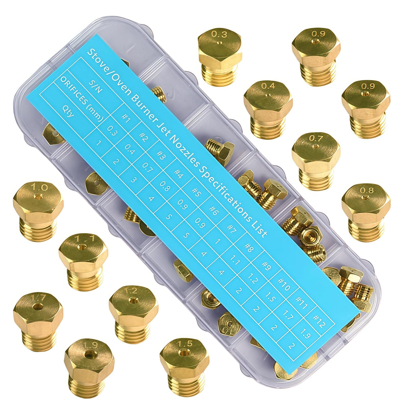 36Pcs Range Stove Oven Orifice Conversion Kit, Propane Lp Natural Gas Brass Jet Burner Nozzle Replacement Parts M6x0.75 mm Gas Spray Tip 0.3/0.4/0/7/0.8/0.9/1.0/1.1/1.2/1.5/1.7/1.9mm