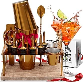 Bar Set Cocktail Shaker Set Bartender Kit, 17 Piece Gold Cocktail Set, Mixology Bartender Kit with Wood Stand, Steel Cocktail Kit, Bar Accessories: 30oz Martini Shaker, Muddler, Cocktail Book & More