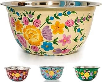 Large Hand Painted Stainless Steel Fruit Bowl - ative Floral Salad Mixing and Serving Bowl - Traditional Kashmiri Art for (Cream)