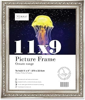 11x9 Silver Ornate Picture Frame 11"x9"(27.9x22.9cm) Poster, Photo, Artwork, or Print. Opulent Style Portrait and Landscape Display with Wall Hooks