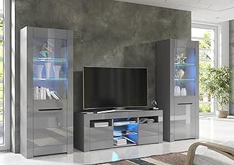 Furneo MilanoG – Grey Living Room Furniture Set, TV Stand & Display Cabinets, High Gloss & Matt Finish, Blue LED Lights