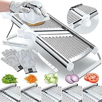 Gramercy Adjustable Mandoline Food Slicer, Mandoline Slicer for Kitchen, Mandolin, Potato, Tomato, Carrot, Vegetable, Fruit and Onion Cutter - Stainless Steel - INCLUDING 1 Pair Cut-Resistant Gloves