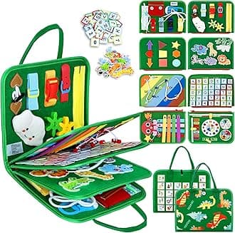 Esjay Toddler Busy Board Montessori Toys for Boys and Girls, Sensory Book Educational Activities for Learning Fine Motor Skills, Birthday Gifts Toddlers, Travel Toys for Airplane Car, Green Dinosaur