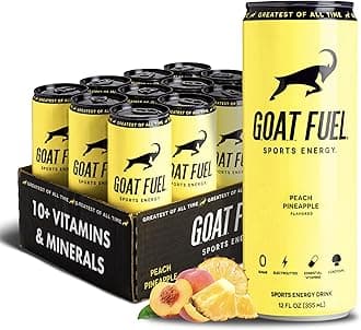 G.O.A.T. Fuel Energy Drink, Co-Founded by Jerry Rice, Natural Caffeine, Electrolytes, BCAAs, Cordyceps Mushrooms & Antioxidants, Light Carbonation Pre Workout, 12 Pack, 12 FL Oz, Peach Pineapple