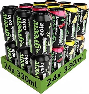 Green Drinks Variety Pack - Low Calorie Sparkling Soft Drinks - Cola, Lemonade, Orange, Cherry - Sweetened with Stevia, No Added Sugar, Natural Caffeine, No Aspartame - Bulk Pack 24 Cans x 330ml