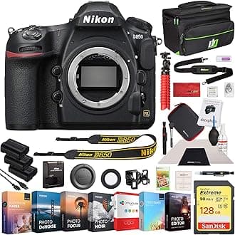D850 45.7MP Full-Frame FX-Format Digital SLR Camera Body Bundle with 128GB Memory Card, Photo and Video Professional Editing Suite, Camera Bag, Cleaning Kit, 2X Rechargeable Li-Ion Battery
