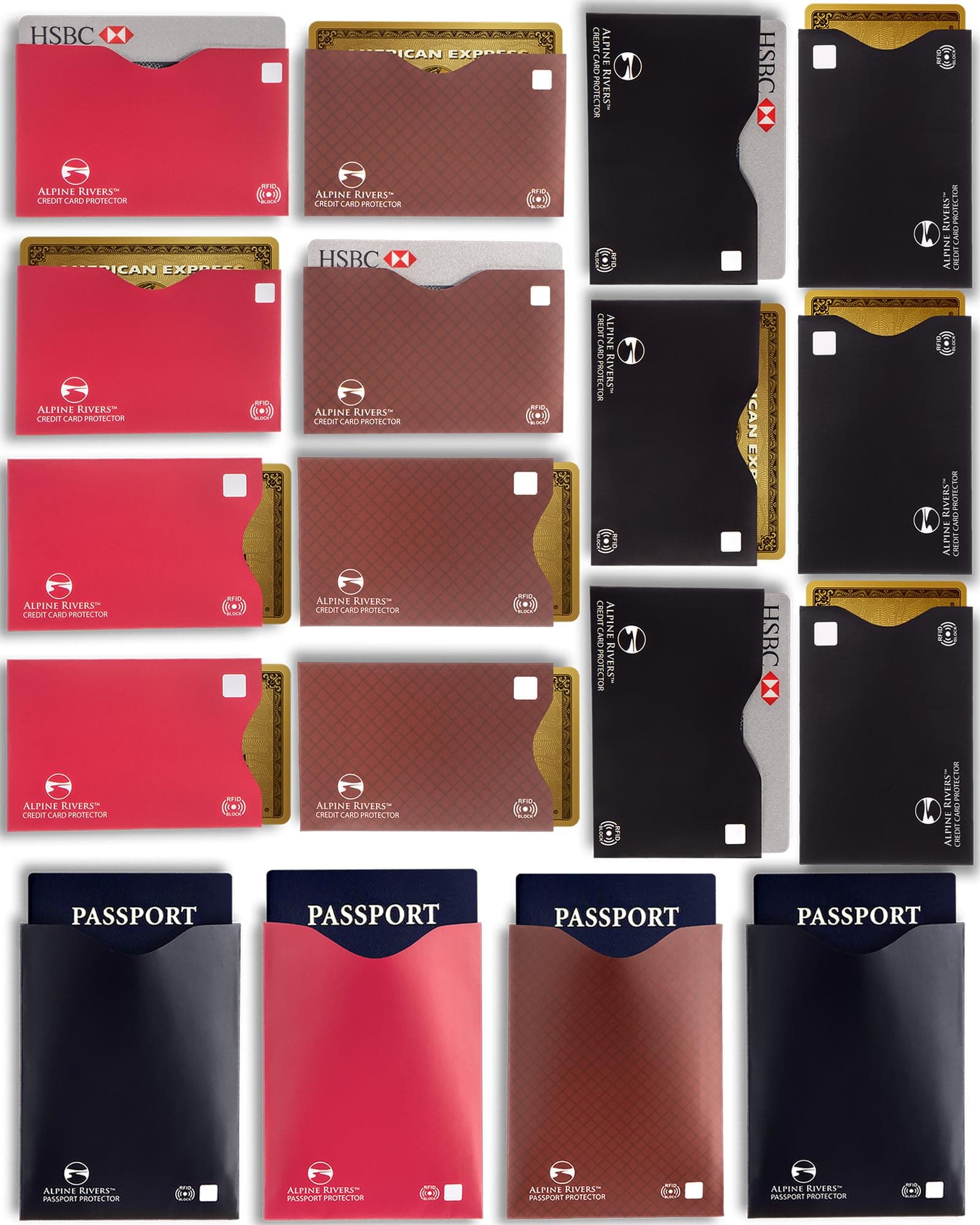 RFID Blocking Credit Card Sleeves 18-Pack – 14 Multi-Color Card Protectors (7 Top Loader, 7 Side Loader) & 4 Passport Sleeves – Slim Water-Resistant Anti-Theft Protection for Travel