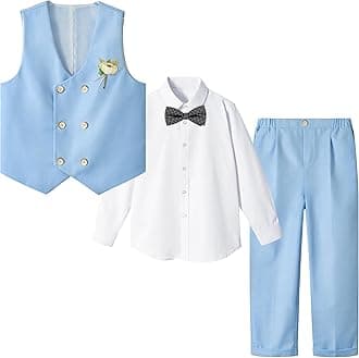 LOLANTA Boys' 4-Piece Formal Suit, Wedding Ring Bearer Outfit Vest Pants with Dress Shirt Bow Tie for Graduation 2-13 Years
