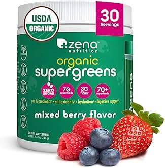 Organic Super Greens Powder, 70+ Superfoods, 0 Sugar, 3G Fiber, Spirulina, Chlorella, Antioxidants, Prebiotics/Probiotics, Digestive Enzymes, Mixed Berry, 30 Servings