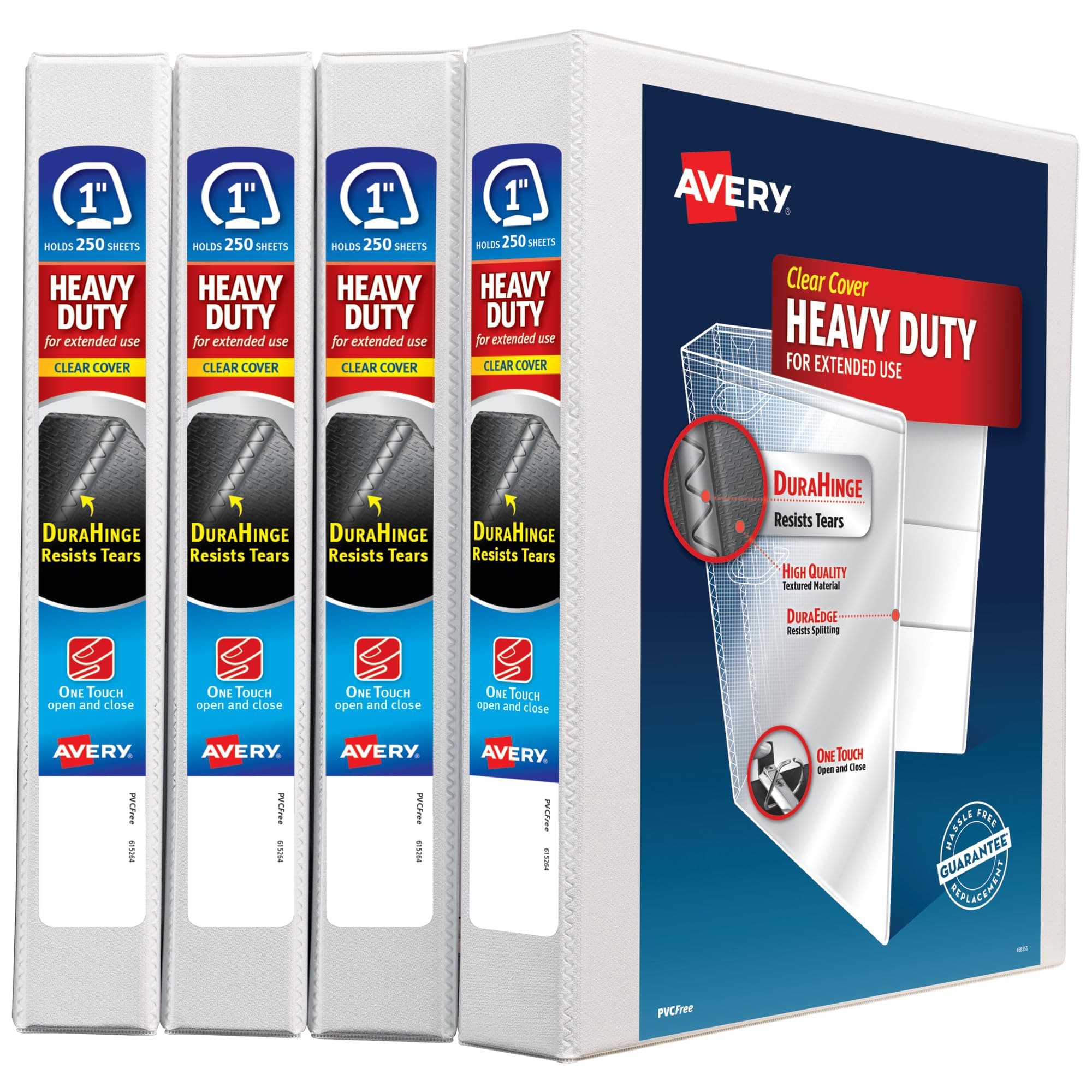Avery Heavy Duty View 3 Ring Binders, 1" One Touch Slant Ring, 250-Sheet Capacity, 1.4 Inch Wide Spine, Great for Home, School Supplies, Office, or Organization Needs, White Binders (4-Pack of 79780)