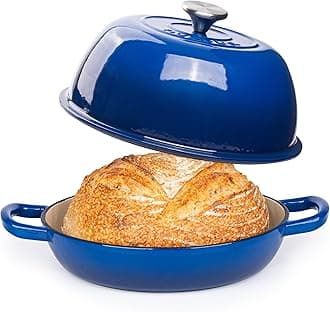 nuovva Enamelled Cast Iron Dutch Oven Pot – Dutch Oven For Sourdough Bread Baking – Cast Iron Bread Pot – Dark Blue, 6 Quarts, 22cm –