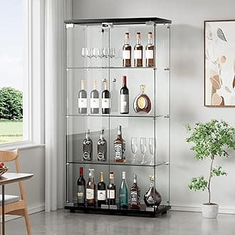 Yoluckea 4 Shelves Glass Display Cabinet with 2 Doors, Floor Standing Clear Glass Curio Cabinet Collection Display Case for Living Room Bedroom 64.56” x 31.69” x 14.37” Black