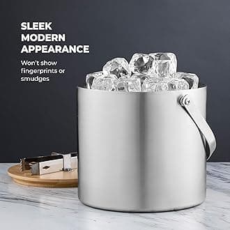 FineDine Double- Wall Stainless Steel Insulated Ice Bucket with Lid & Ice Tong - [3 Liter] Modern Wooden Lid with Built-in Tongs- Comfortable Carry Handle- for Home Bar, Chilling Beer Champagne