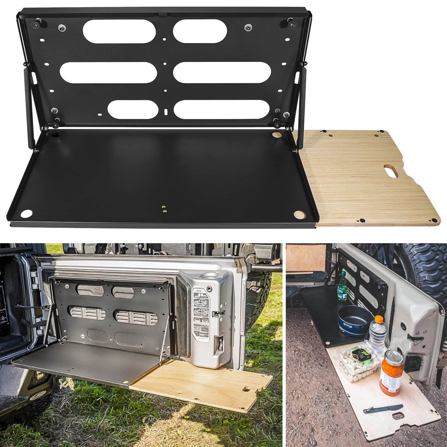 Drop Down Tailgate Table for 2007-2024 Jeep Wrangler JK JKU JL JLU Unlimited Sports Freedom Sahara Rubicon Rear Door Foldable Table Cargo Shelf Storage Cargo Luggage Holder Carrier