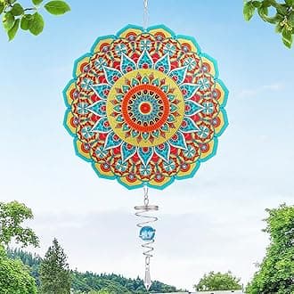 Apipi Mandala Wind Spinner - 3D Stainless Steel Garden Spinner with Blue Ball Spiral Tail, Kinetic Hanging Wind Catcher Sculptures for Indoor Outdoor Yard Art Window Decor