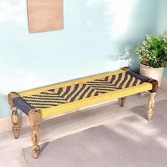 Hamilton Sheesham Wood 2 Seater Maachi Bench | Patio Bench in Yellow & Purple Rope Canning (4 Feet Width; 1 Yr. Warranty)