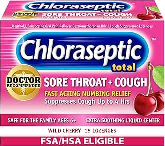 Total Sore Throat & Cough Lozenges, Wild Cherry, Cough Drops with Liquid Center to Numb Sore Throat for Up to 4 Hours, 15 Count, Pack of 6