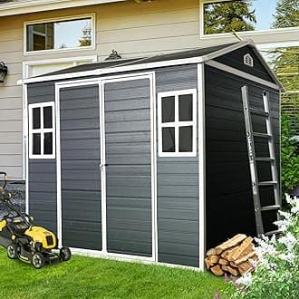 8x6 FT Outdoor Storage Shed with Floor, Plastic Garden Tool Shed with Windows, Vents & Lockable Door, Easy to Assemble Resin Bike Shed for Patio, Backyard, Lawn, Black