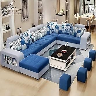 Homeify Carlo Wooden 9 Seater L-Shaped Sectional Sofa with Ottoman for Living Room(Premium Velvet,Left Side,Blue & Grey)