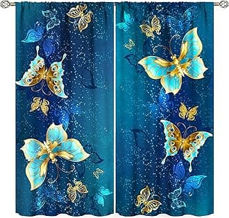 Butterfly Curtain for Girls Bedroom Decor,Blue Irises Yellow Daisies Floral Background Print Window Drapes for Kids Living Room Kitchen Decor Interior Decoration 63x63in