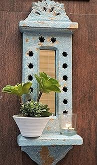 Rustic Wooden Wall Hanging Jharokha Wall Mount Mirror for Living Room, Bedroom, Home Decor (52x18.5x10 cms), rectangular