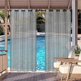 Outdoor Curtain for Patio, Grey Linen Look Semi-Sheer Curtains Waterproof Light Filtering Voile Outside Grommet Drapes for Pergola Balcony Pool Indoor 2 Panels, W52 x L84