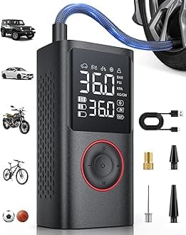 Powools - Portable Tire Air Compressor, 150PSI Cordless Bike Pump, Car Motorcycle Bike Air Pump Balls with Pressure Gauge, LED Light and Accessories