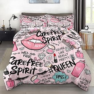 Comforter Set Full Size, Makeup Pink Queen Soft 3 Pcs Bedding for Kids and Adults, Women Diamond Cute Comforter Set with Pillowcase, for Bedroom Bed Decor