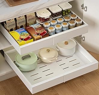 Expandable Pull Out Cabinet Organizer Adhesive, Peel And Stick Slide Out Drawers for Kitchen Cabinets,1pack Cabinet Pull Out Shelves For Kitchen Pantry Organization Adjustable Width 12.4"-20.47" White