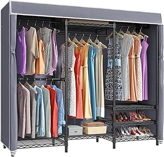 VIPEK V5C Portable Clothes Closet Wardrobe Bedroom Armoires Heavy Duty Covered Clothes Rack, Black Metal Clothing Rack with Grey Oxford Fabric Cover, Adjustable Custom Closet Rack 70.1"Lx17.3"Wx76.4"H