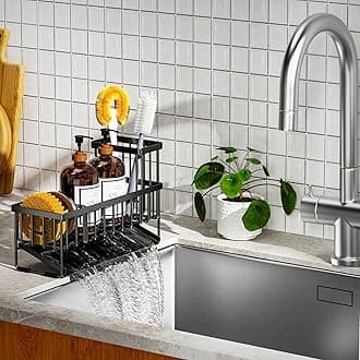 Cisily Extra Large Kitchen Sink Caddy Organzier with High Brush Holder, Sponge Holder for Sink, 304 Rustproof Stainless, Kitchen Countertop Soap Dispenser Organizer For Decor and Accessories