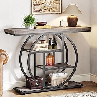 Tribesigns 41.3" Console Table, Industrial 4-Tier Sofa Table Entryway Table with Circle Base, Narrow Wood Accent Tables with Storage Shelves for Living Room, Hallway, Foyer, Gray | Industrial, Sofa Table, Entryway Table, Narrow, Accent Tables, Storage Shelves