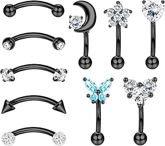 Drperfect 10Pcs 16G Rook Daith Earrings for Women Stainless Steel Belly Lip Ring Cartilage Tragus CZ Body Piercing Curved Barbell Eyebrow Rings 6-8mm