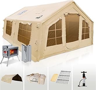 Coody | Rbm Outdoors Koala/Hub/Octopus Inflatable Tents for Camping with Stove Jack, 2/8/10 Person Luxury Canvas Blow Up Tent, 2 Room, Easy Setup Casa de Campaña, Large Inflatable House with Pump