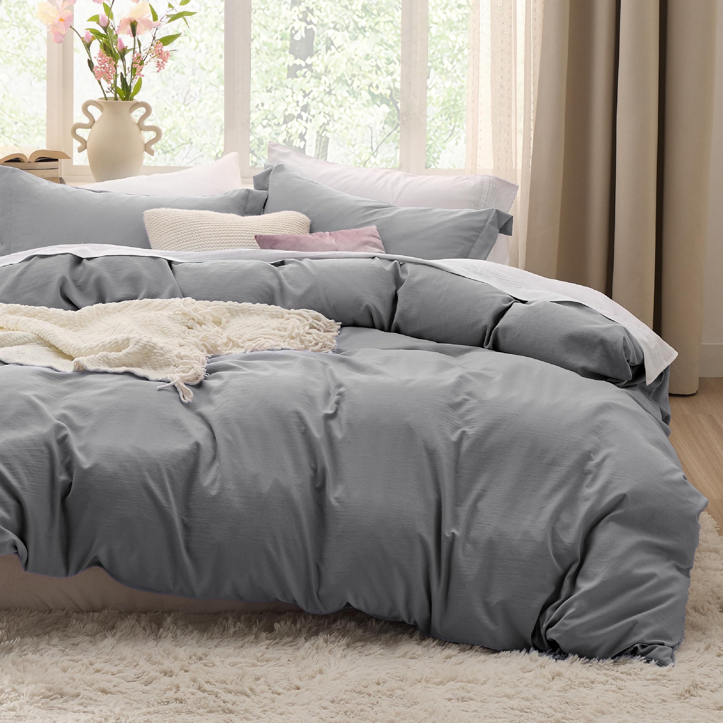 Bedsure Grey Duvet Covers Queen Size - Prewashed Cotton-Like Polyester Duvet Cover, Soft Queen Duvet Cover Set 3 Pieces with Zipper Closure, 1 Duvet Cover 90x90 inches and 2 Pillow Shams