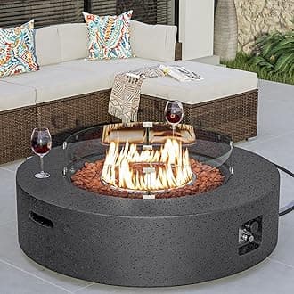COSIEST 42 inch Outdoor Propane Fire Pit Coffee Table w Concrete Round Base Patio Heater, Certified, 50,000 BTU Stainless Steel Burner, Free Lava Rocks, Wind Guard, Rain Cover, Gray