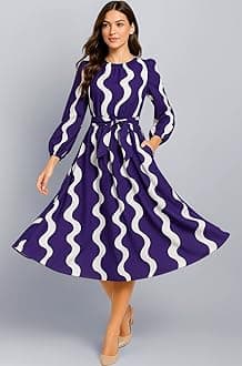 Leriya Fashion Women’s A-Line Midi Dress | Long Sleeve Belted Fit and Flare Gown | Elegant Printed Casual Outfit