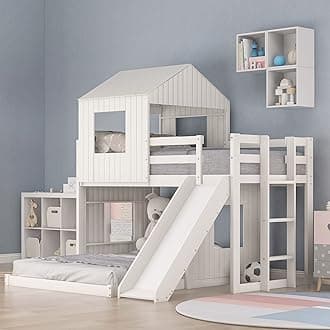 Twin Over Full Bunk Bed Frames Loft Bed with Slide, House Roof, Window and Safety Guardrails for Boys or Girls, White