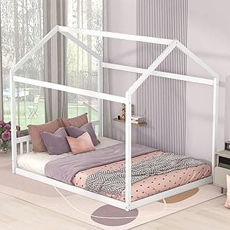 Montessori Bed Queen Size Floor Bed with Rails and Roof, Solid Wood Queen Platform Bed Frame with Headboard, for Kids Teens Girls Boys (Queen, White)