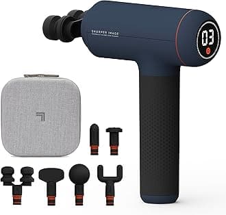 - Sharper Image Deep Tissue Percussion Massage Gun, Powerboost Max Rechargeable Handheld Massager, 7 Adjustable Speeds, 6 Attachment Heads & Carrying Case, Full Body Muscle Pain Relief, Blue