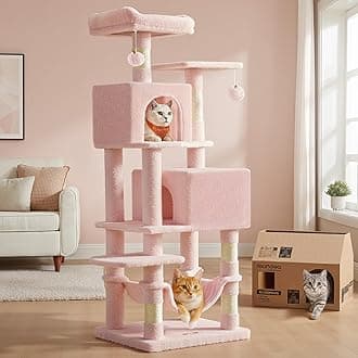 Feandrea Cat Tree, 59.5-Inch Tall Cat Tower, Plush Multi-Level Condo with 5 Scratching Posts, 2 Perches, 2 Caves, Hammock, 2 Pompoms, Jelly Pink UPCT192P01