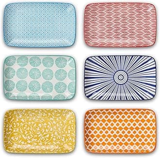 Ceramic 9.5 Inch Large Rectangular Salad Plates, Dinner Plates, Pasta Dessert Plates Serving Platters and Trays for Appetizer, Sushi, Fruit, Set of 6, Assorted Colors