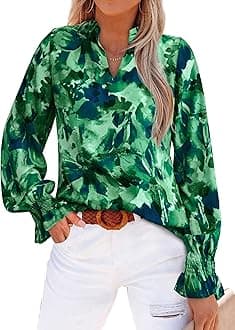 MASCOMODA Womens V Neck Floral Long Sleeve Tops 2026 Summer Casual Loose Puff Sleeve Chiffon Boho Work Blouse Dressy T Shirts